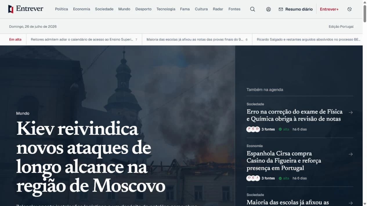 Capa do Entrever com uma história principal e a agenda do dia.